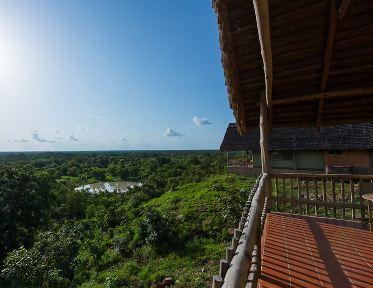 Image of the tented chalet and the view of the broad-leafed woodland savanna of the Lodge